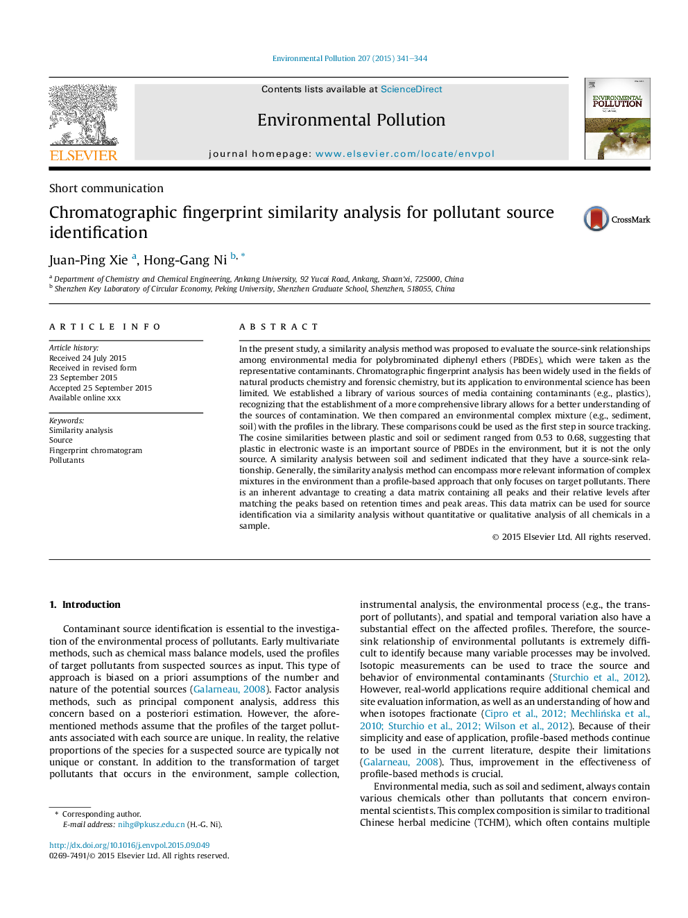 Chromatographic fingerprint similarity analysis for pollutant source identification