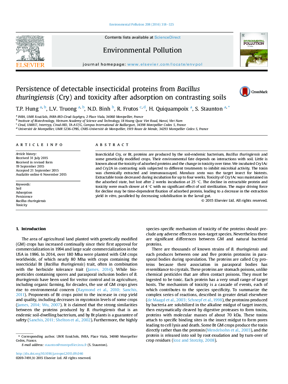 Persistence of detectable insecticidal proteins from Bacillus thuringiensis (Cry) and toxicity after adsorption on contrasting soils