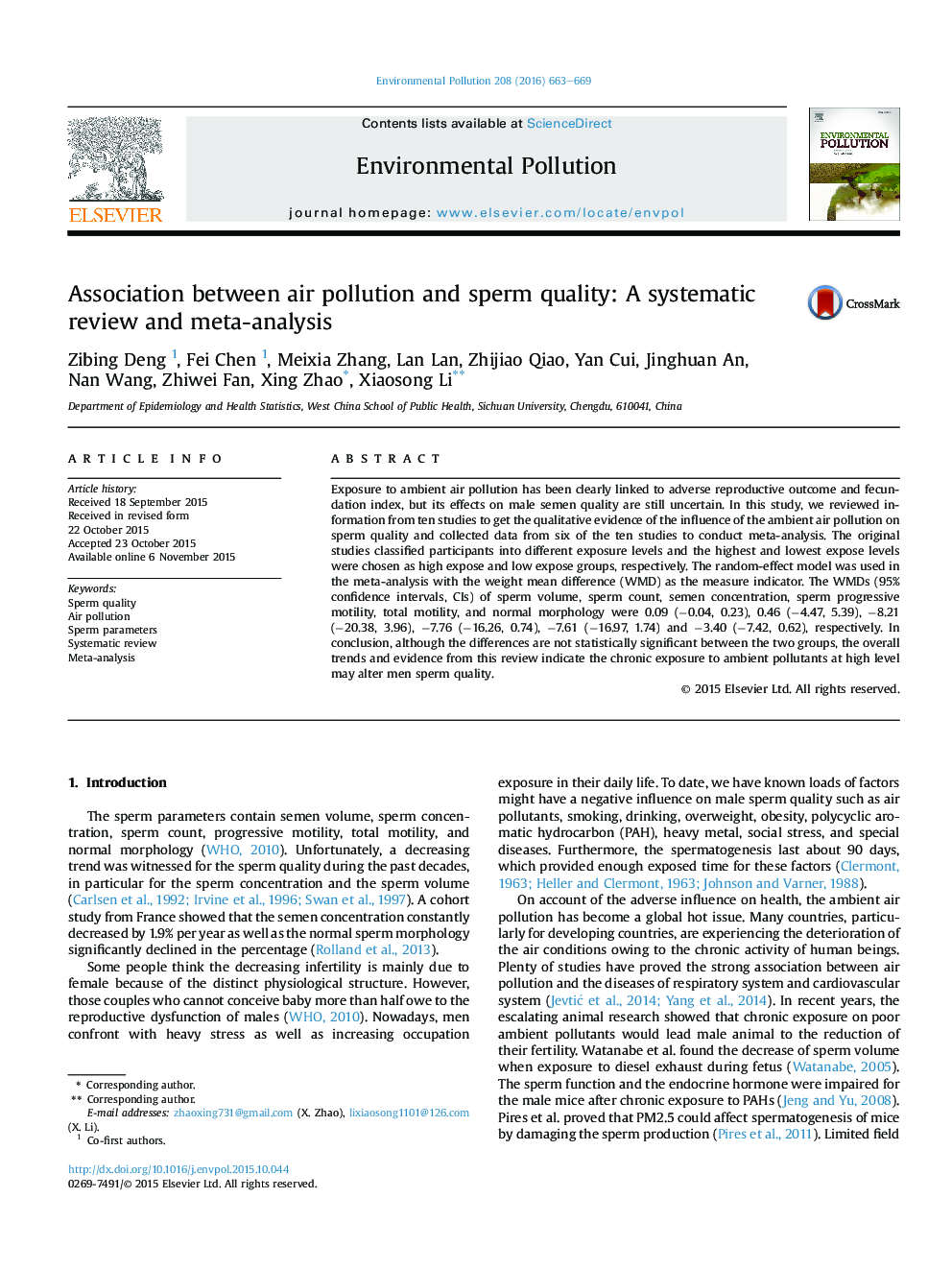 ارتباط بین آلودگی هوا و کیفیت اسپرم: بررسی منظم و متاآنالیز 
