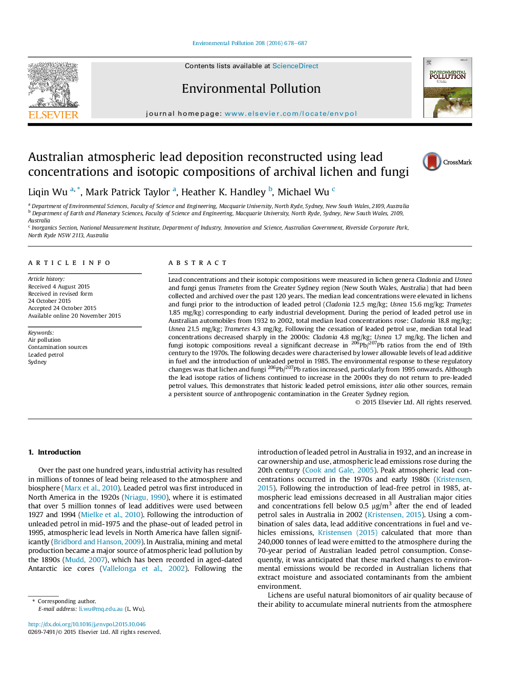 رسوب سرب اتمسفری استرالیا با استفاده از غلظت سرب و ترکیبات ایزوتوپهای لیفتن قارچ و قارچ 