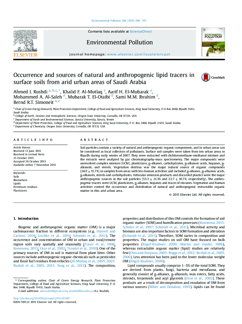 Occurrence and sources of natural and anthropogenic lipid tracers in surface soils from arid urban areas of Saudi Arabia