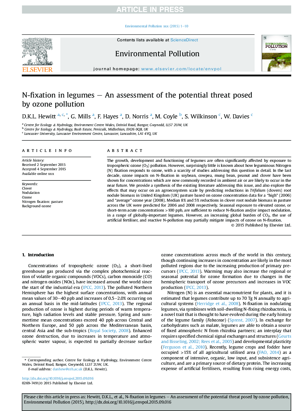 N-fixation in legumes - An assessment of the potential threat posed by ozone pollution