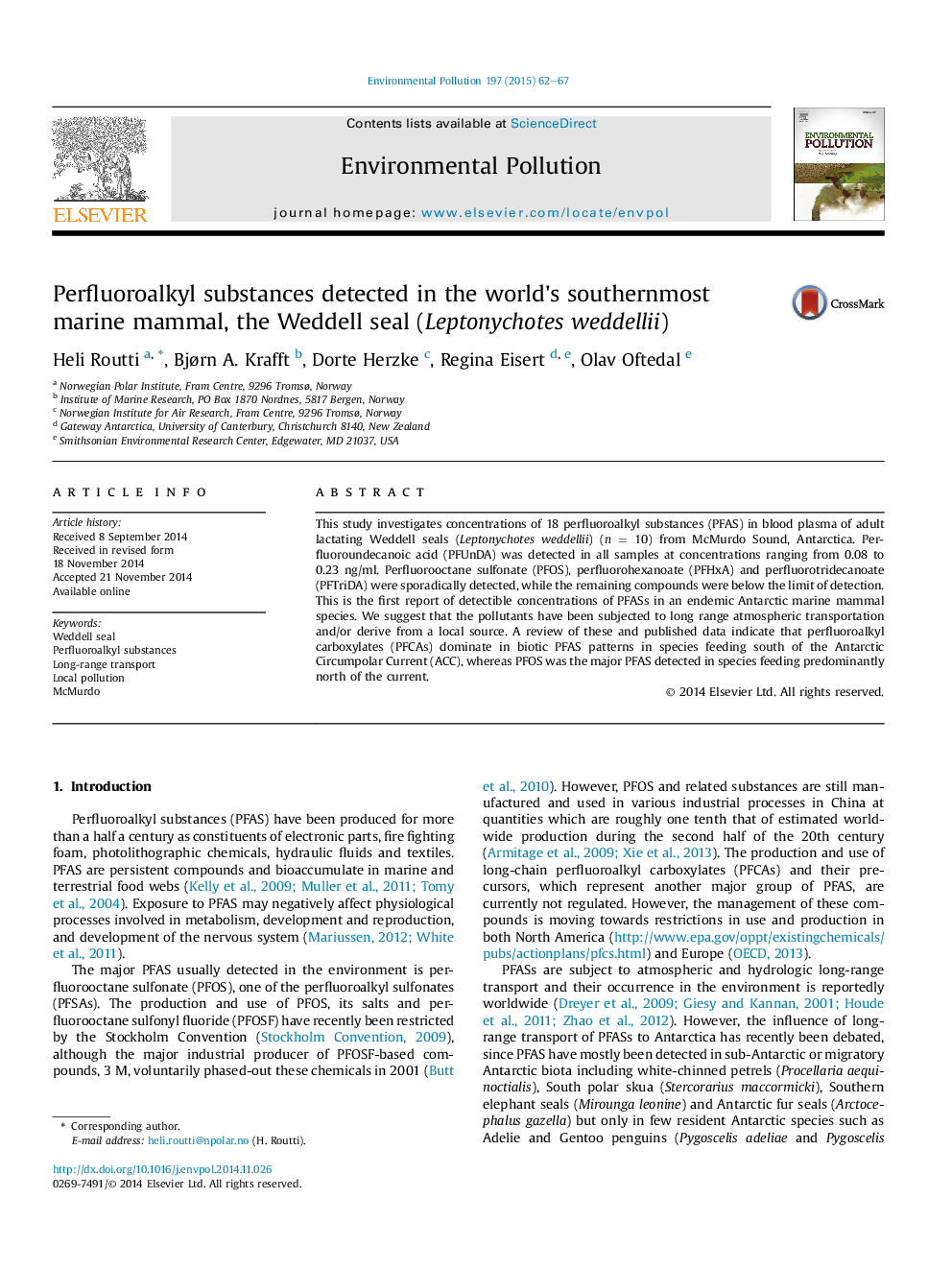 Perfluoroalkyl substances detected in the world's southernmost marine mammal, the Weddell seal (Leptonychotes weddellii)