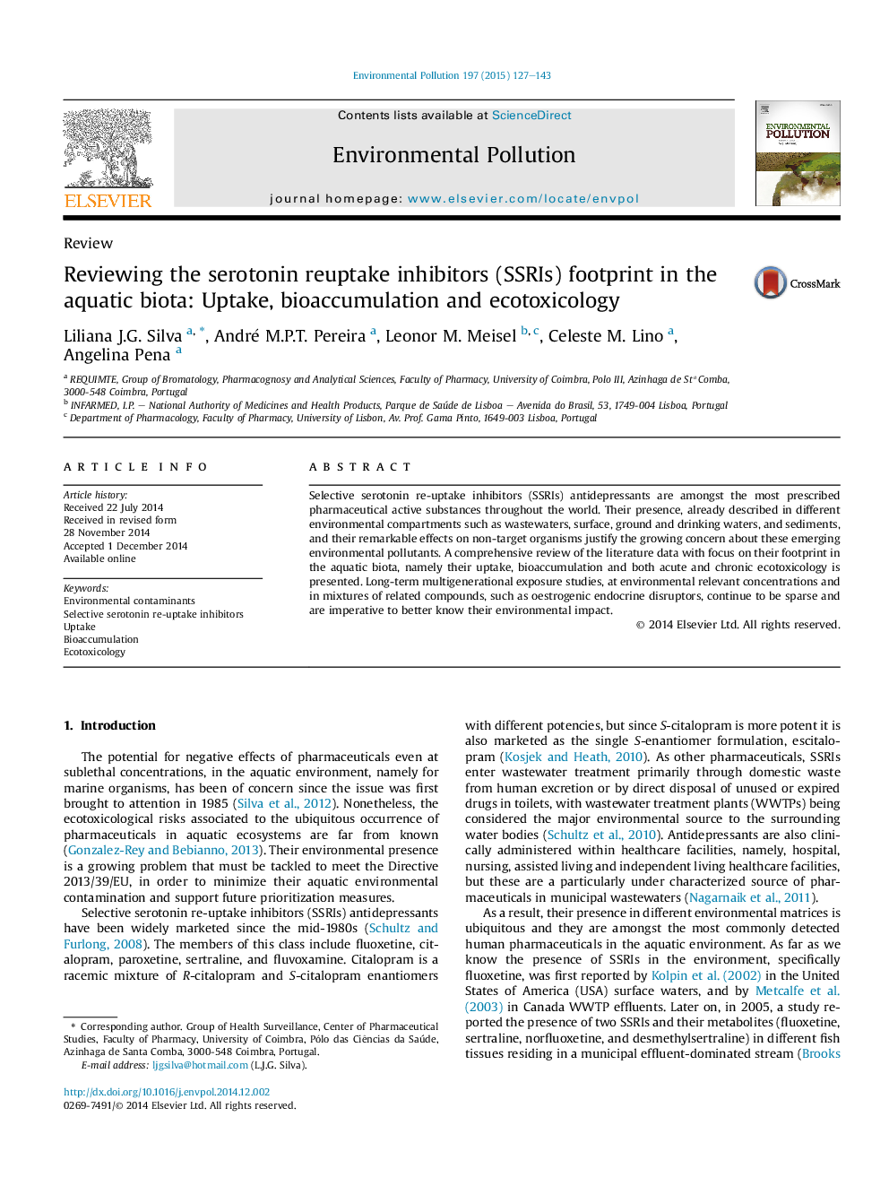 Reviewing the serotonin reuptake inhibitors (SSRIs) footprint in the aquatic biota: Uptake, bioaccumulation and ecotoxicology