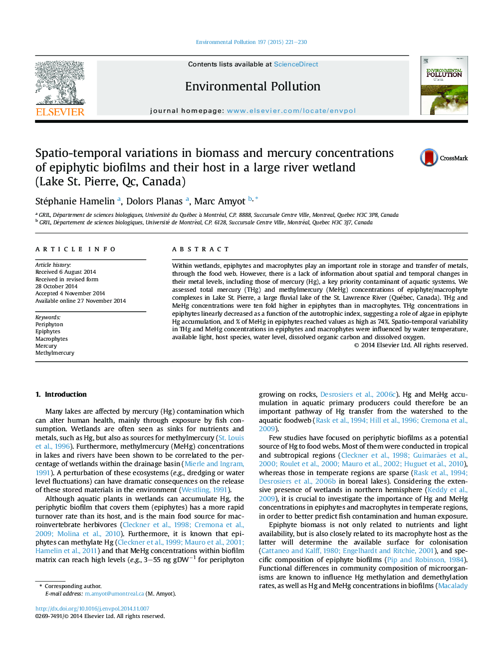 Spatio-temporal variations in biomass and mercury concentrations of epiphytic biofilms and their host in a large river wetland (Lake St. Pierre, Qc, Canada)