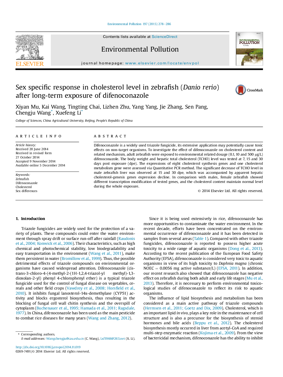 عکس صفحه اول مقاله: Sex specific response in cholesterol level in zebrafish (Danio rerio) after long-term exposure of difenoconazole Sex specific response in cholesterol level in zebrafish (Danio rerio) after long-term exposure of difenoconazole