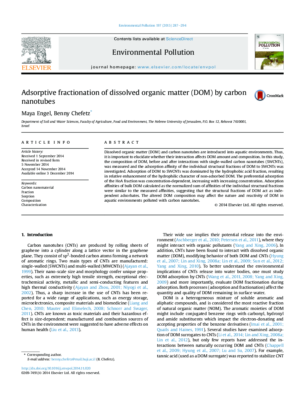 عکس صفحه اول مقاله: Adsorptive fractionation of dissolved organic matter (DOM) by carbon nanotubes Adsorptive fractionation of dissolved organic matter (DOM) by carbon nanotubes