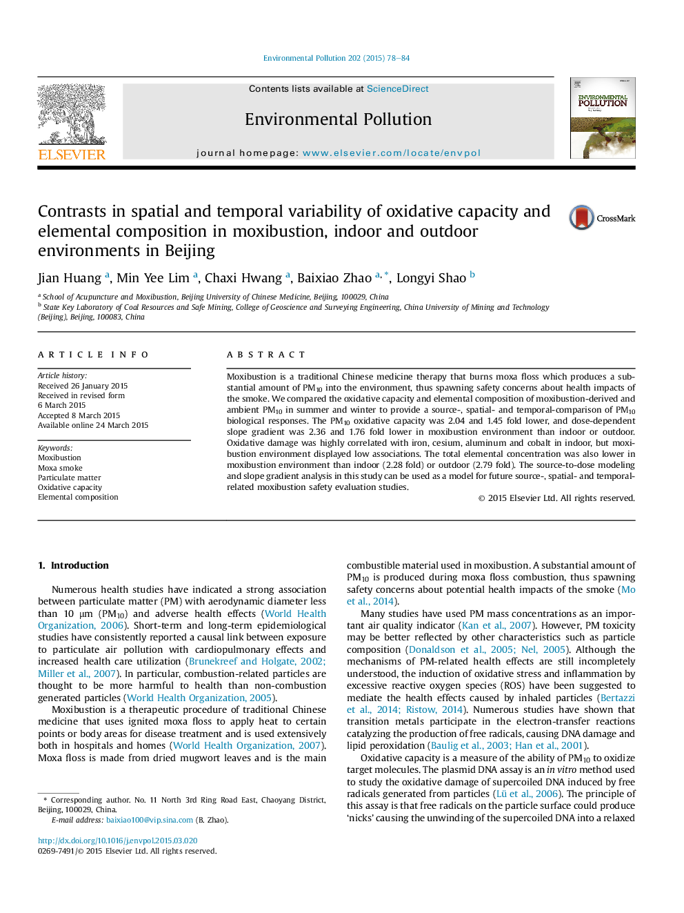 Contrasts in spatial and temporal variability of oxidative capacity and elemental composition in moxibustion, indoor and outdoor environments in Beijing