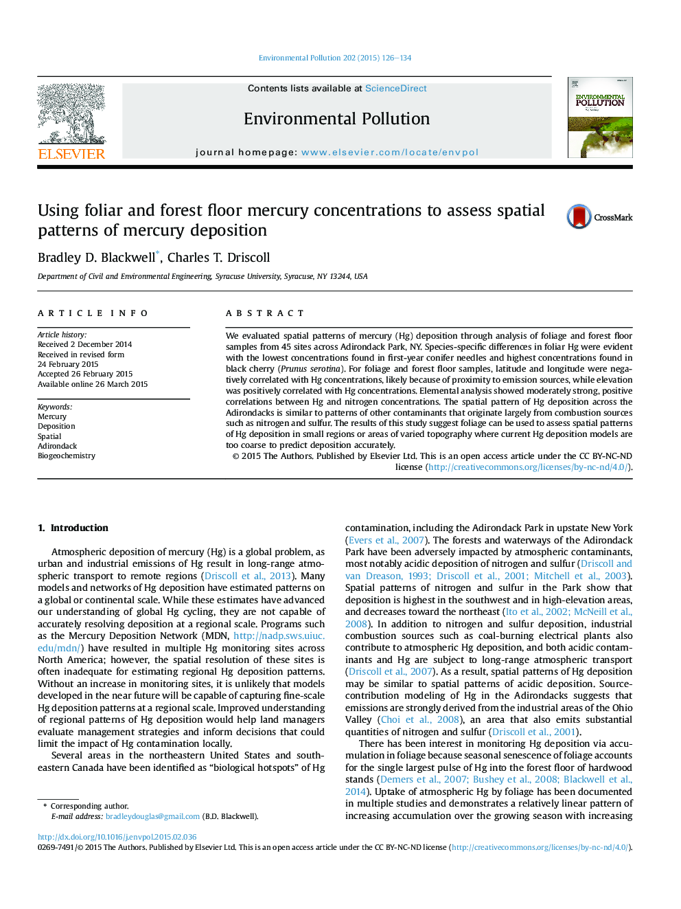 Using foliar and forest floor mercury concentrations to assess spatial patterns of mercury deposition