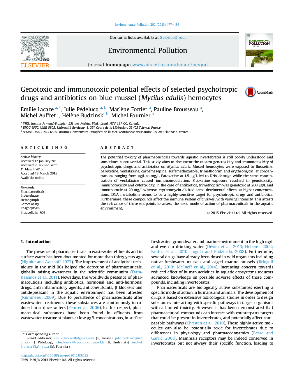 Genotoxic and immunotoxic potential effects of selected psychotropic drugs and antibiotics on blue mussel (Mytilus edulis) hemocytes