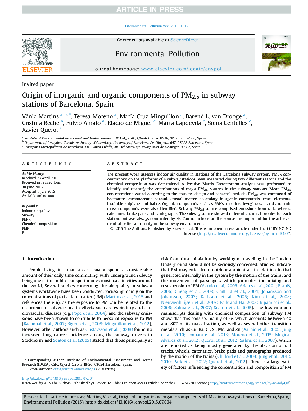 Origin of inorganic and organic components of PM2.5 in subway stations of Barcelona, Spain