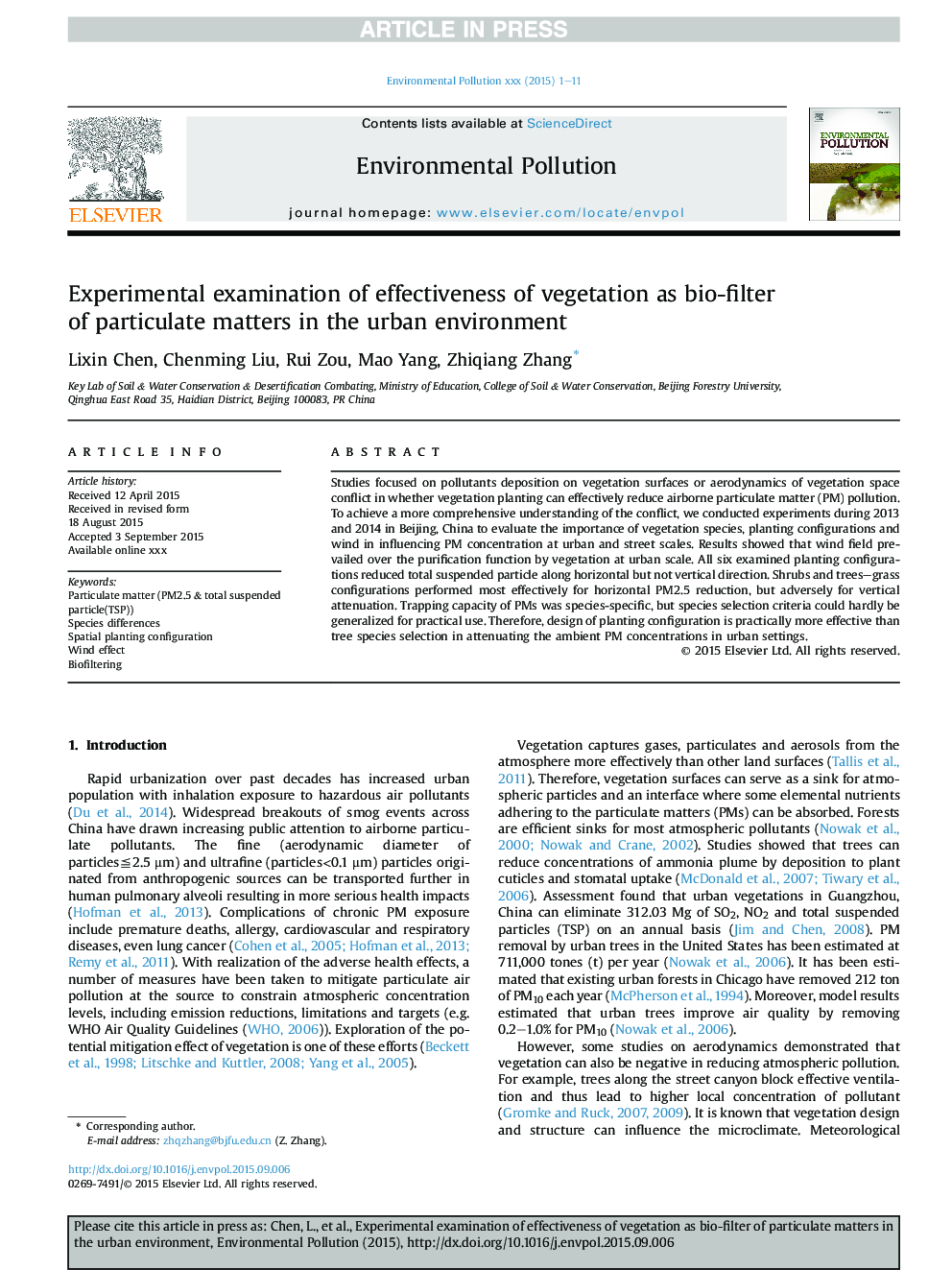 Experimental examination of effectiveness of vegetation as bio-filter of particulate matters in the urban environment