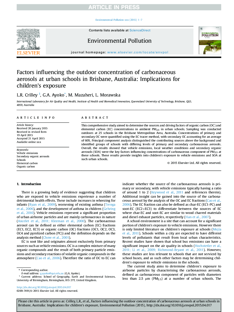 Factors influencing the outdoor concentration of carbonaceous aerosols at urban schools in Brisbane, Australia: Implications for children's exposure