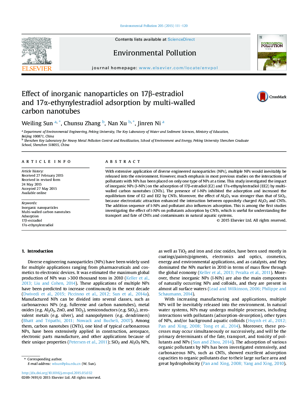 Effect of inorganic nanoparticles on 17Î²-estradiol and 17Î±-ethynylestradiol adsorption by multi-walled carbon nanotubes