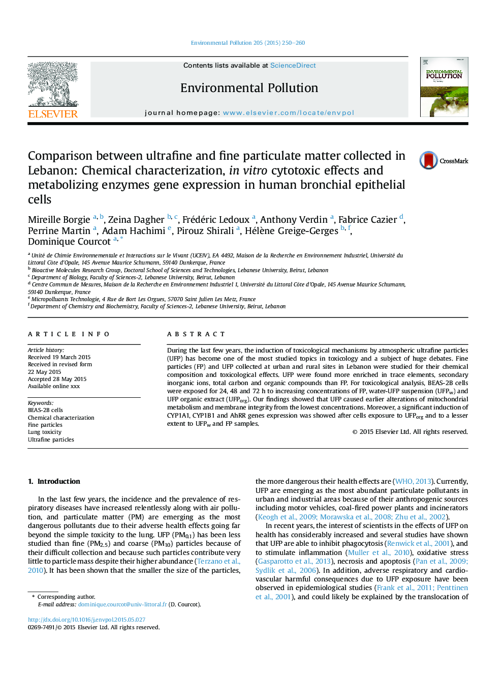 Comparison between ultrafine and fine particulate matter collected in Lebanon: Chemical characterization, inÂ vitro cytotoxic effects and metabolizing enzymes gene expression in human bronchial epithelial cells