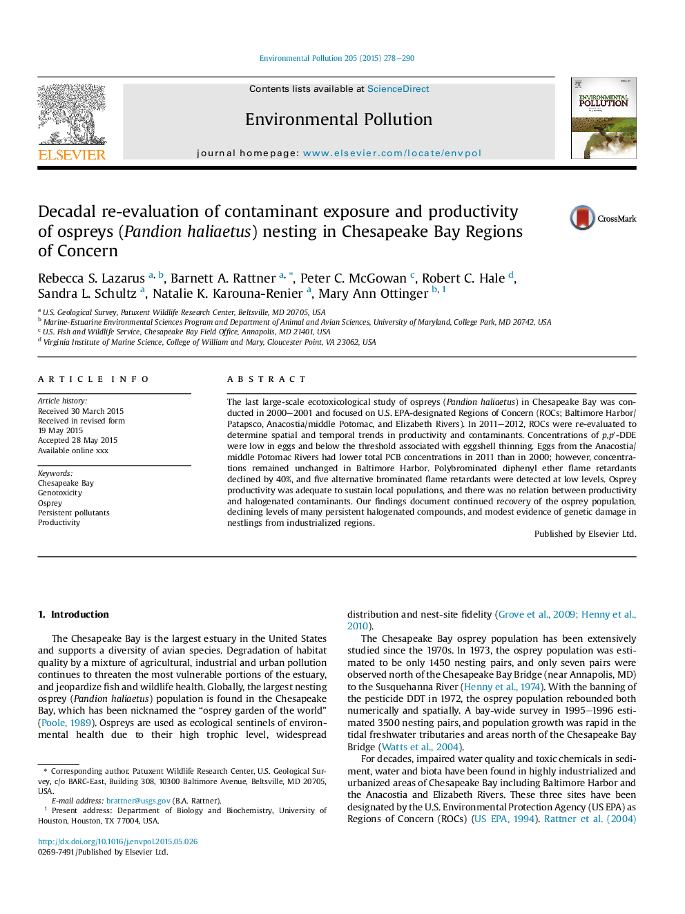 Decadal re-evaluation of contaminant exposure and productivity ofÂ ospreys (Pandion haliaetus) nesting in Chesapeake Bay Regions ofÂ Concern