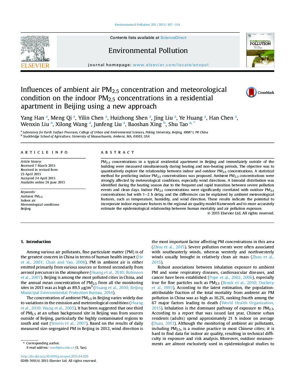 Influences of ambient air PM2.5 concentration and meteorological condition on the indoor PM2.5 concentrations in a residential apartment in Beijing using a new approach