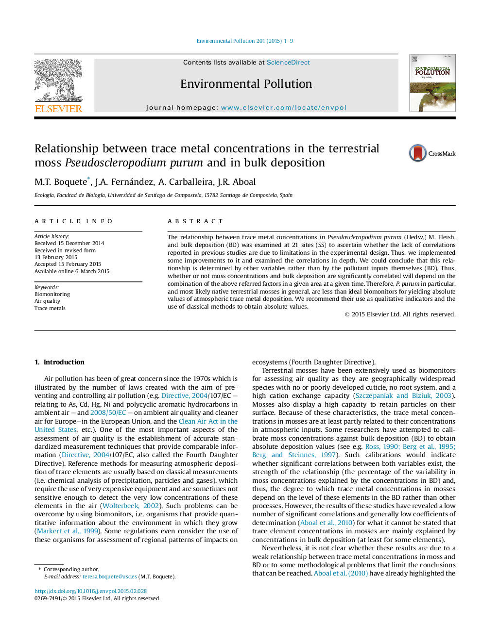 عکس صفحه اول مقاله: Relationship between trace metal concentrations in the terrestrial moss Pseudoscleropodium purum and in bulk deposition Relationship between trace metal concentrations in the terrestrial moss Pseudoscleropodium purum and in bulk deposition