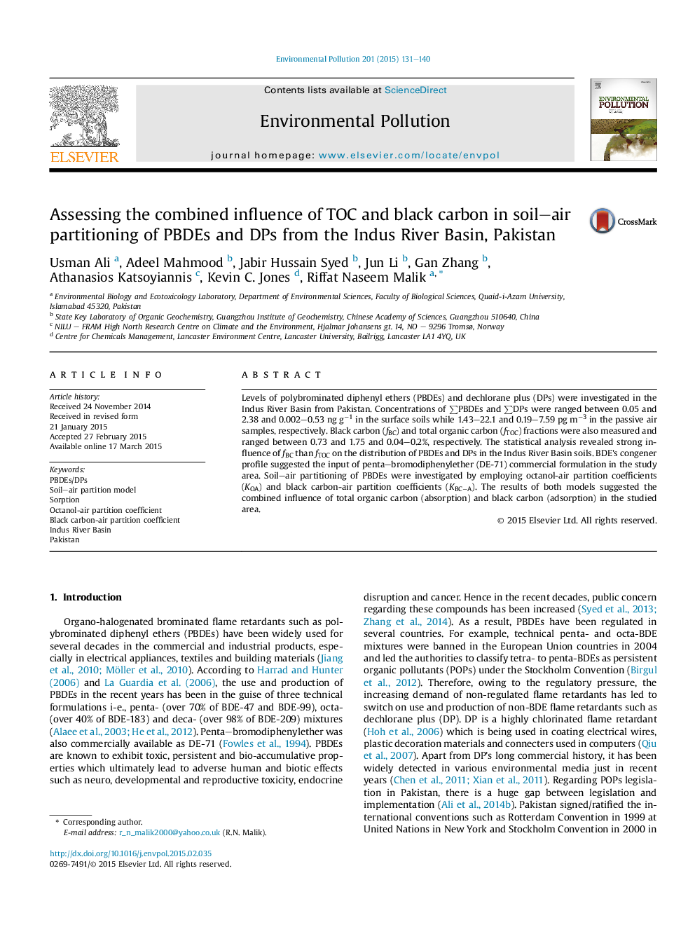 Assessing the combined influence of TOC and black carbon in soil-air partitioning of PBDEs and DPs from the Indus River Basin, Pakistan