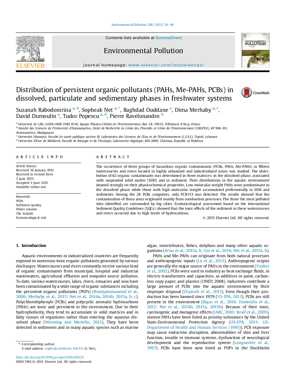 Distribution of persistent organic pollutants (PAHs, Me-PAHs, PCBs) in dissolved, particulate and sedimentary phases in freshwater systems