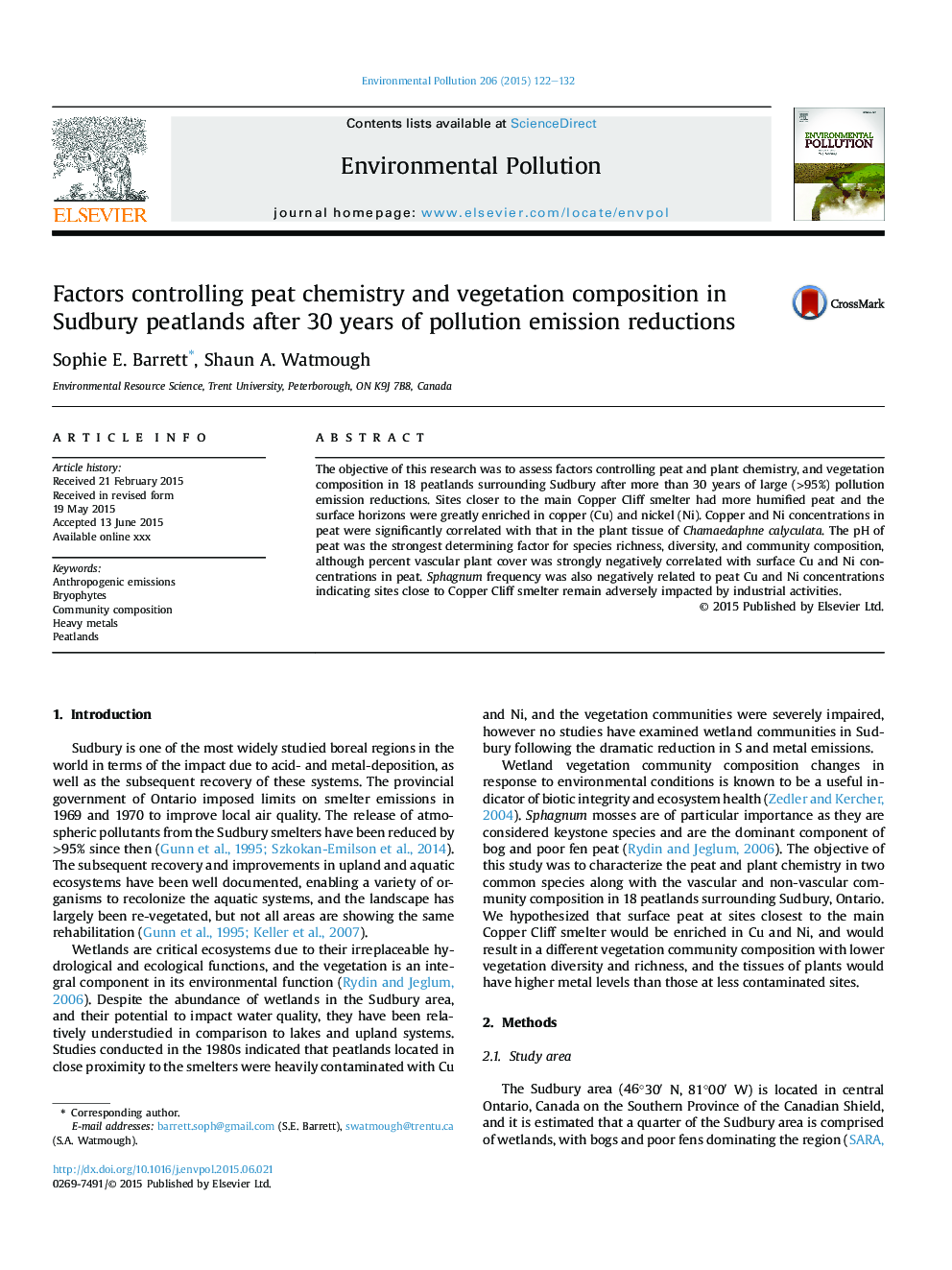 Factors controlling peat chemistry and vegetation composition in Sudbury peatlands after 30Â years of pollution emission reductions