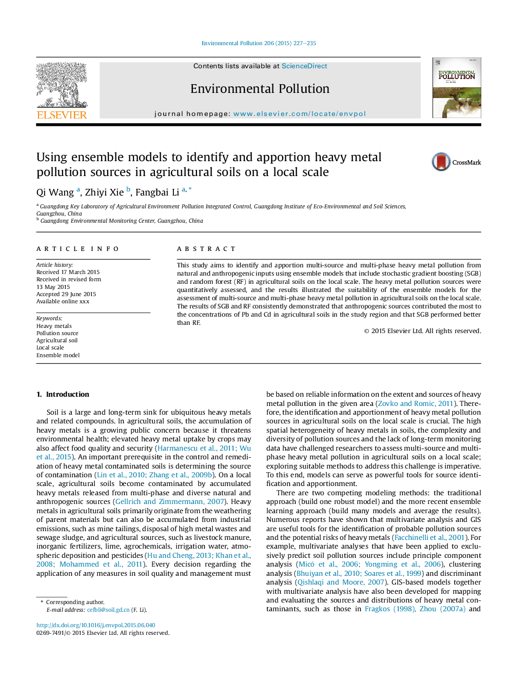 Using ensemble models to identify and apportion heavy metal pollution sources in agricultural soils on a local scale