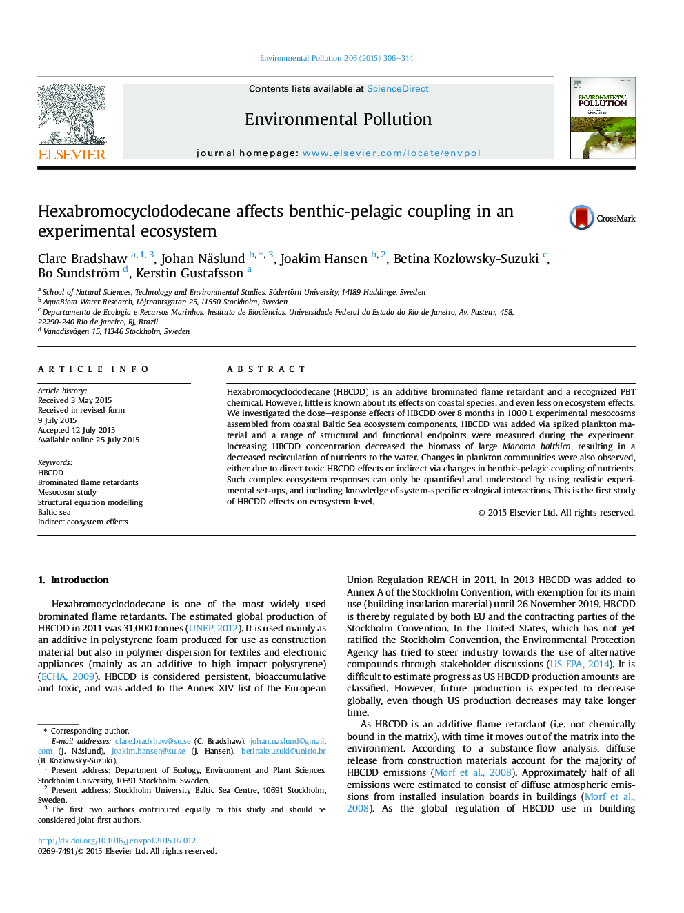 Hexabromocyclododecane affects benthic-pelagic coupling in an experimental ecosystem