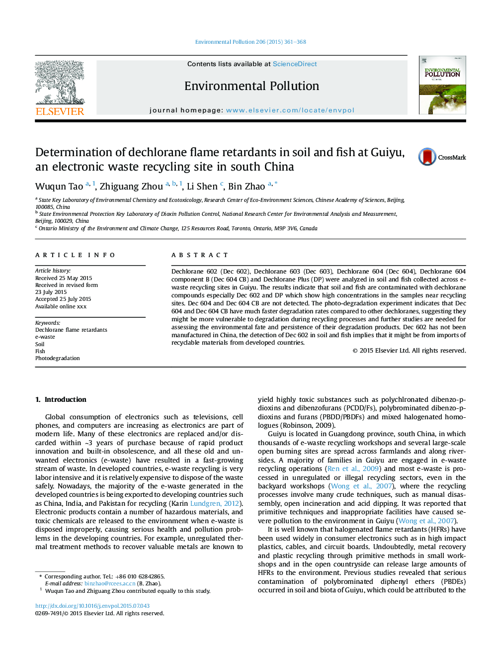 Determination of dechlorane flame retardants in soil and fish at Guiyu, an electronic waste recycling site in south China