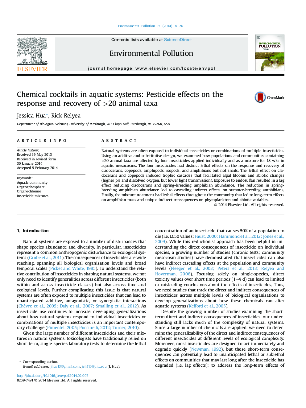 Chemical cocktails in aquatic systems: Pesticide effects on the response and recovery of >20 animal taxa