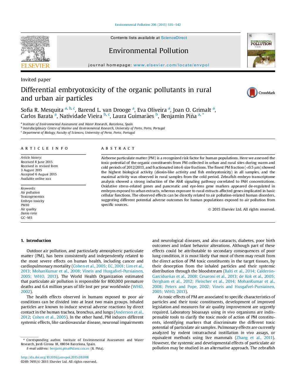 عکس صفحه اول مقاله: Differential embryotoxicity of the organic pollutants in rural and urban air particles Differential embryotoxicity of the organic pollutants in rural and urban air particles
