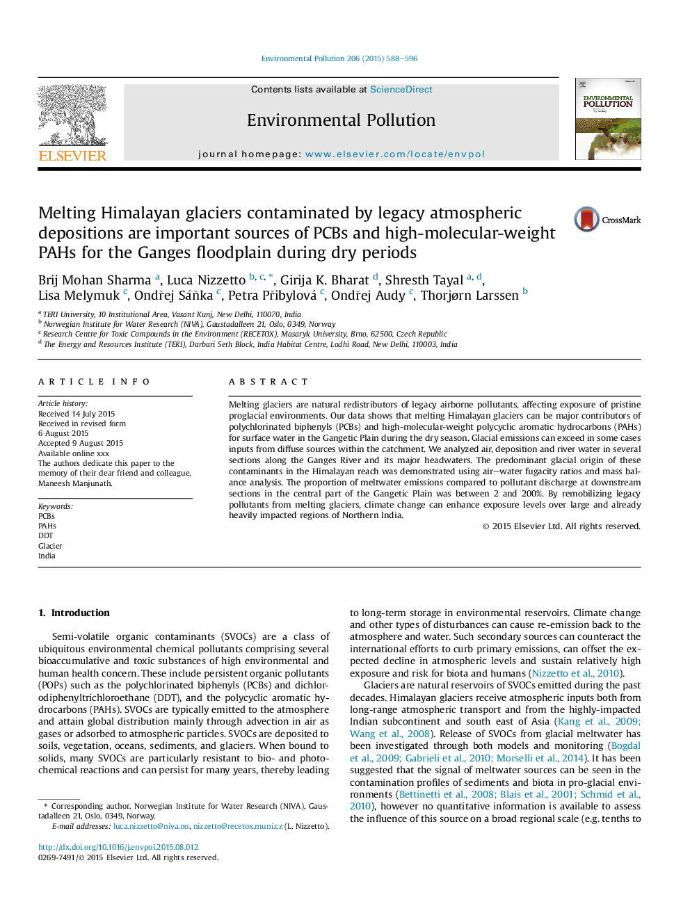 Melting Himalayan glaciers contaminated by legacy atmospheric depositions are important sources of PCBs and high-molecular-weight PAHs for the Ganges floodplain during dry periods