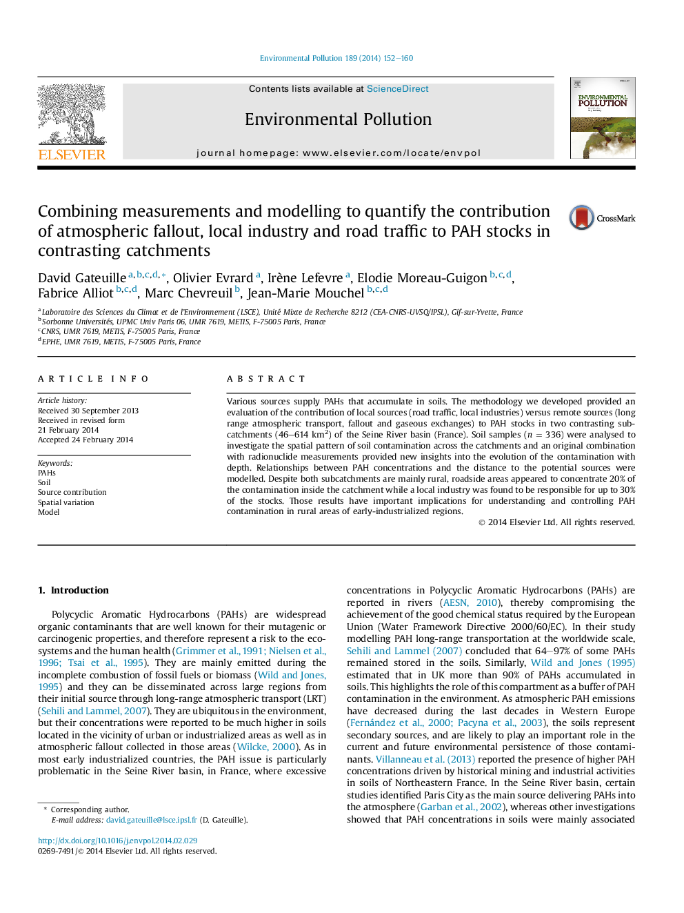 Combining measurements and modelling to quantify the contribution of atmospheric fallout, local industry and road traffic to PAH stocks in contrasting catchments