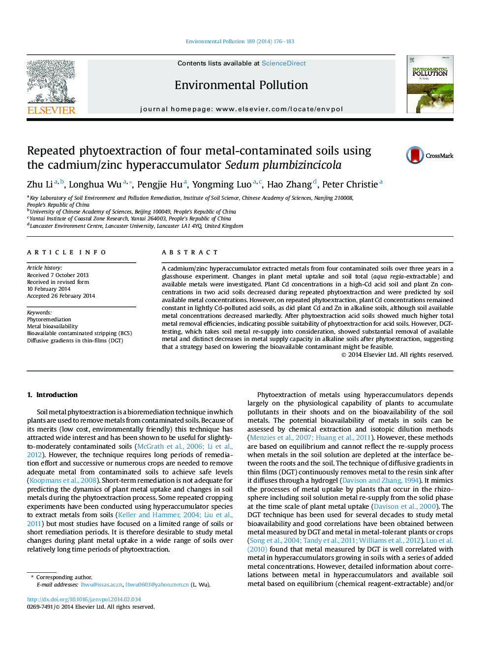 Repeated phytoextraction of four metal-contaminated soils using the cadmium/zinc hyperaccumulator Sedum plumbizincicola