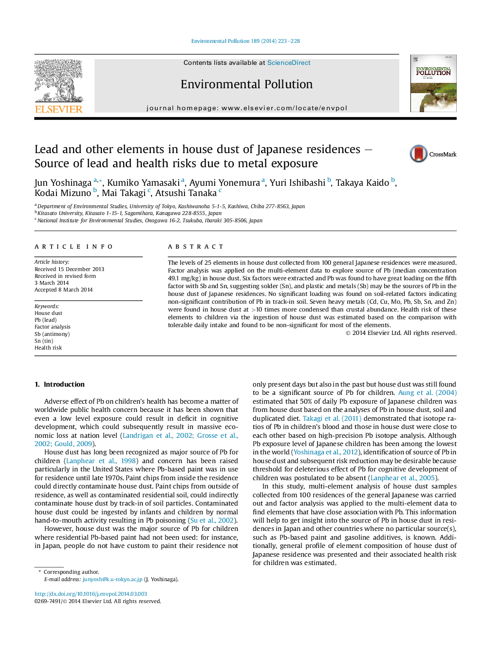 Lead and other elements in house dust of Japanese residences - Source of lead and health risks due to metal exposure