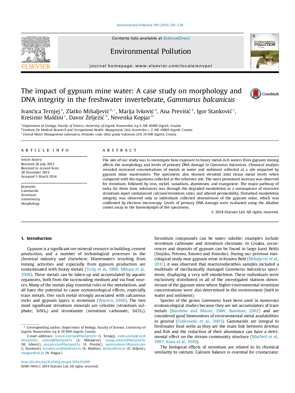 The impact of gypsum mine water: A case study on morphology and DNA integrity in the freshwater invertebrate, Gammarus balcanicus