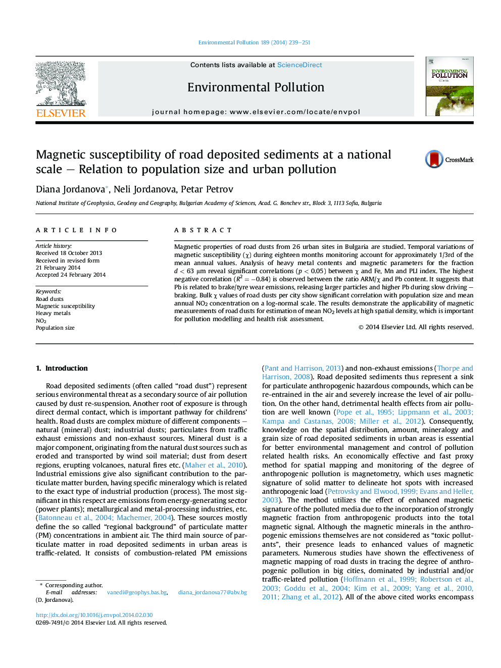 Magnetic susceptibility of road deposited sediments at a national scaleÂ -Â Relation to population size and urban pollution