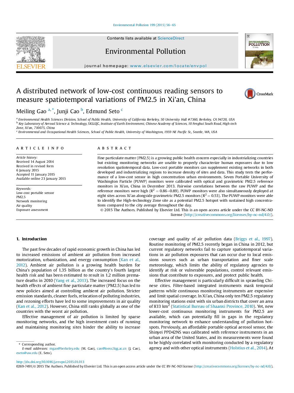 A distributed network of low-cost continuous reading sensors to measure spatiotemporal variations of PM2.5 in Xi'an, China