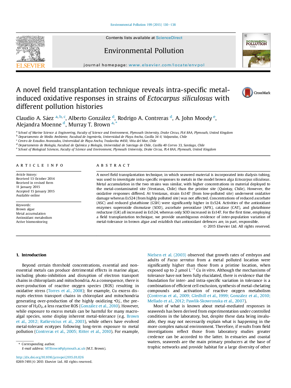 A novel field transplantation technique reveals intra-specific metal-induced oxidative responses in strains of Ectocarpus siliculosus with different pollution histories