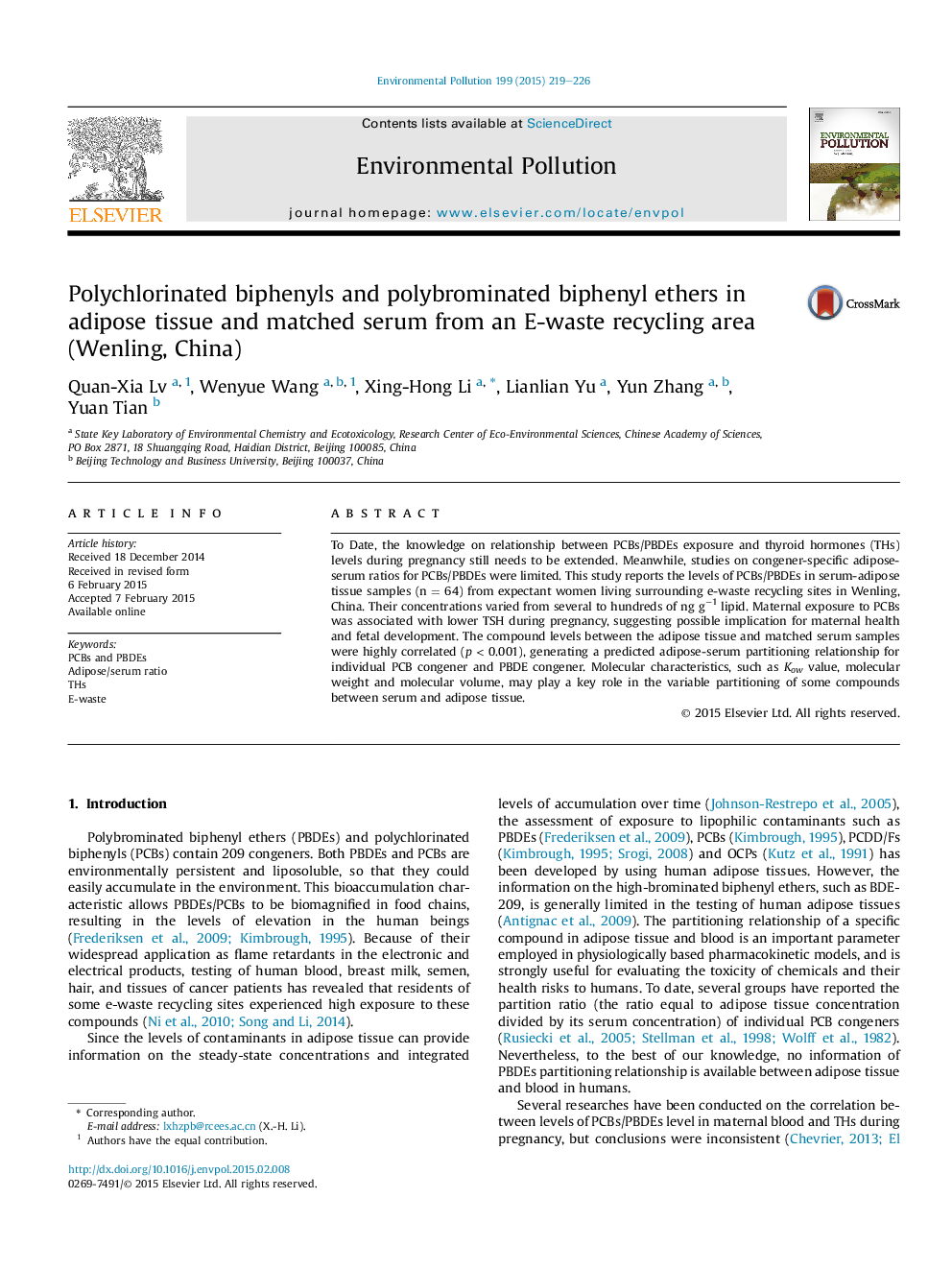 Polychlorinated biphenyls and polybrominated biphenyl ethers in adipose tissue and matched serum from an E-waste recycling area (Wenling, China)