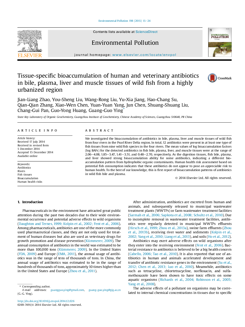 Tissue-specific bioaccumulation of human and veterinary antibiotics in bile, plasma, liver and muscle tissues of wild fish from a highly urbanized region