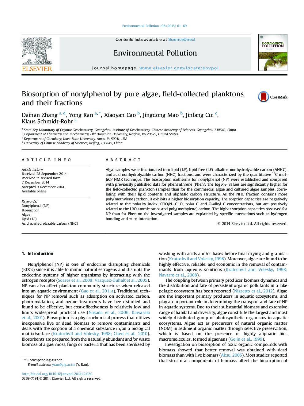 Biosorption of nonylphenol by pure algae, field-collected planktons and their fractions