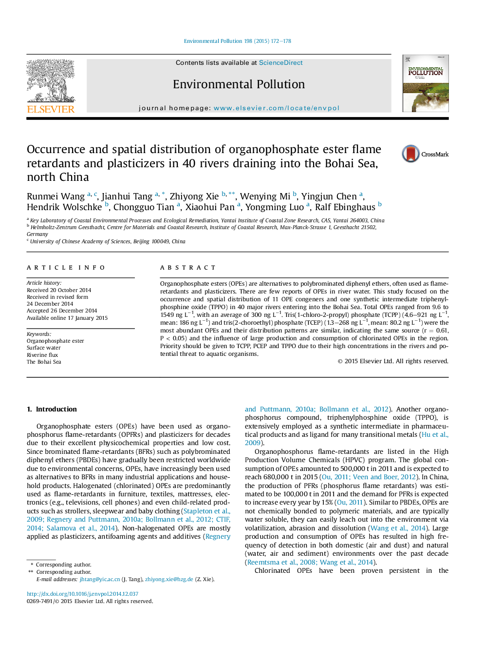 Occurrence and spatial distribution of organophosphate ester flame retardants and plasticizers in 40 rivers draining into the Bohai Sea, north China