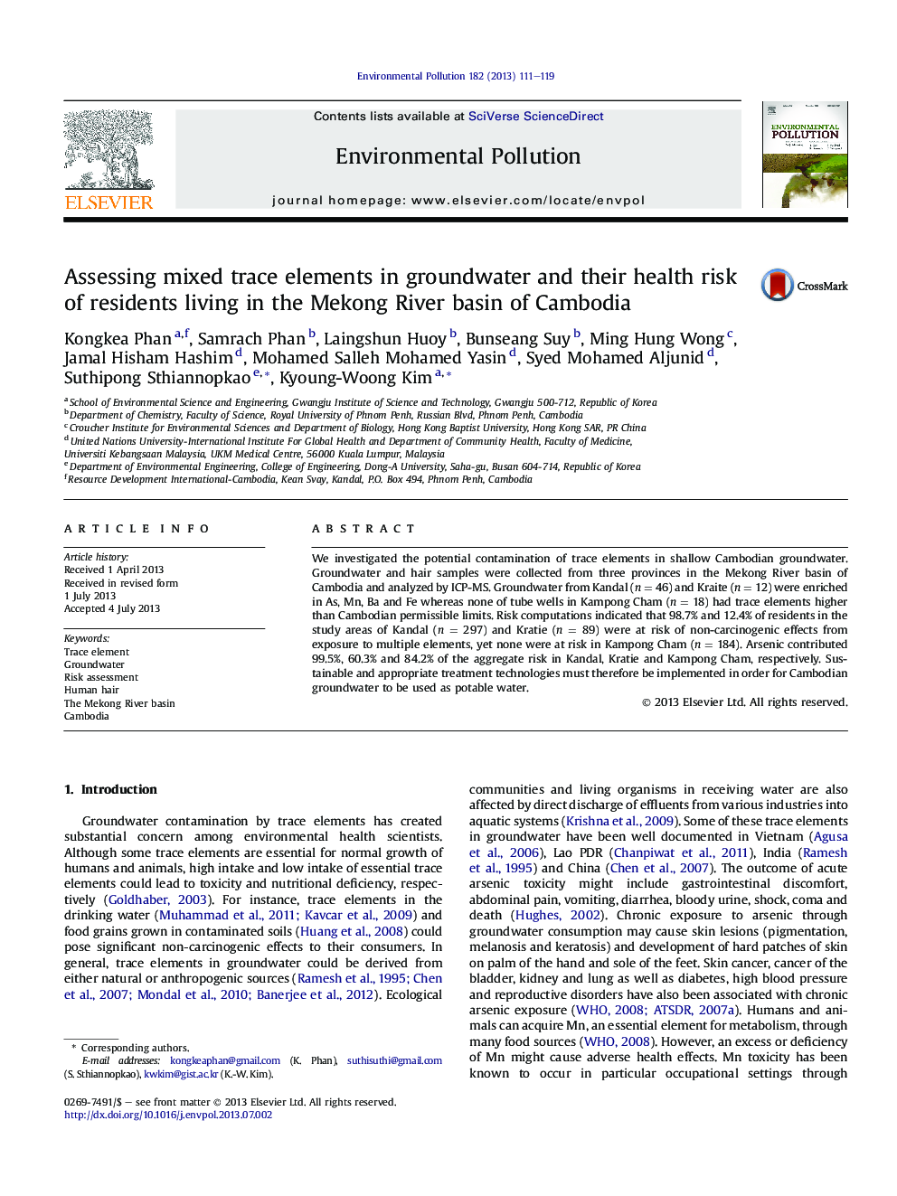 Assessing mixed trace elements in groundwater and their health risk of residents living in the Mekong River basin of Cambodia