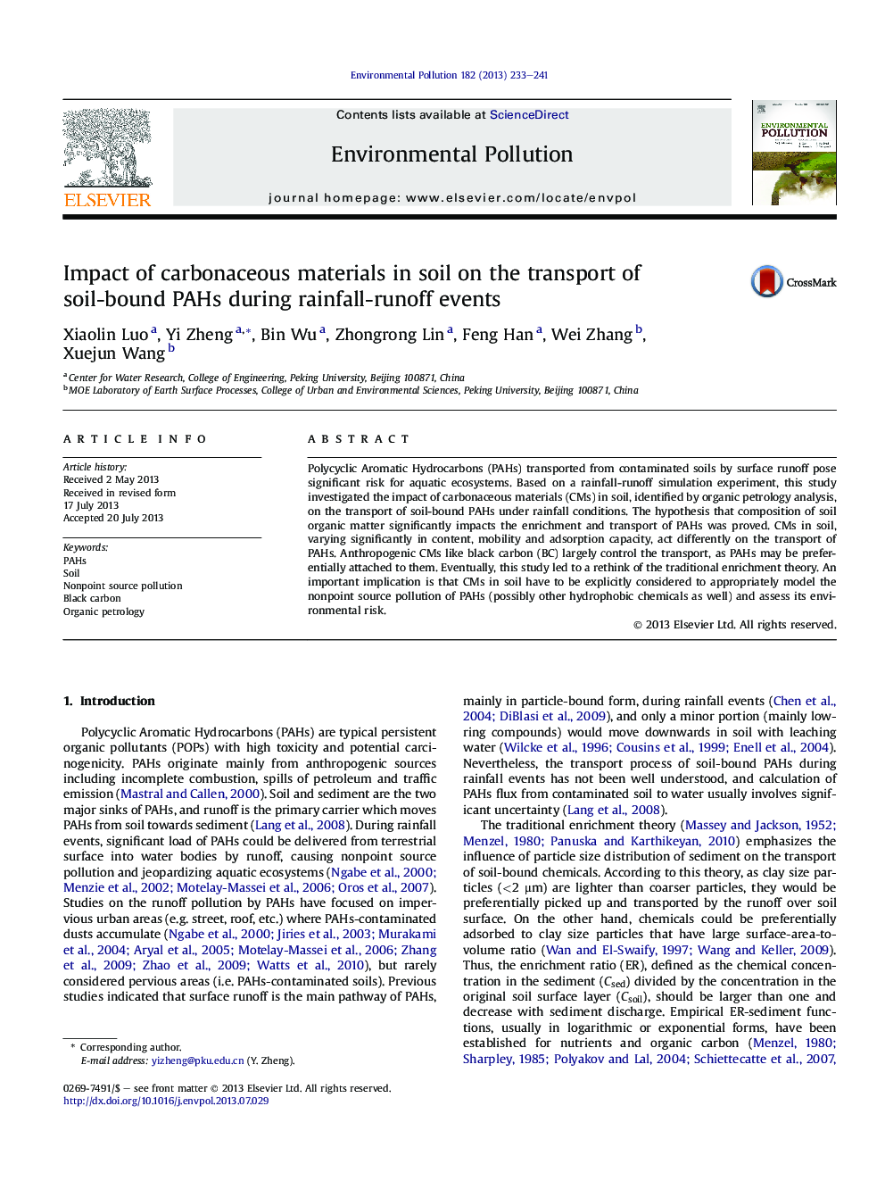 Impact of carbonaceous materials in soil on the transport of soil-bound PAHs during rainfall-runoff events