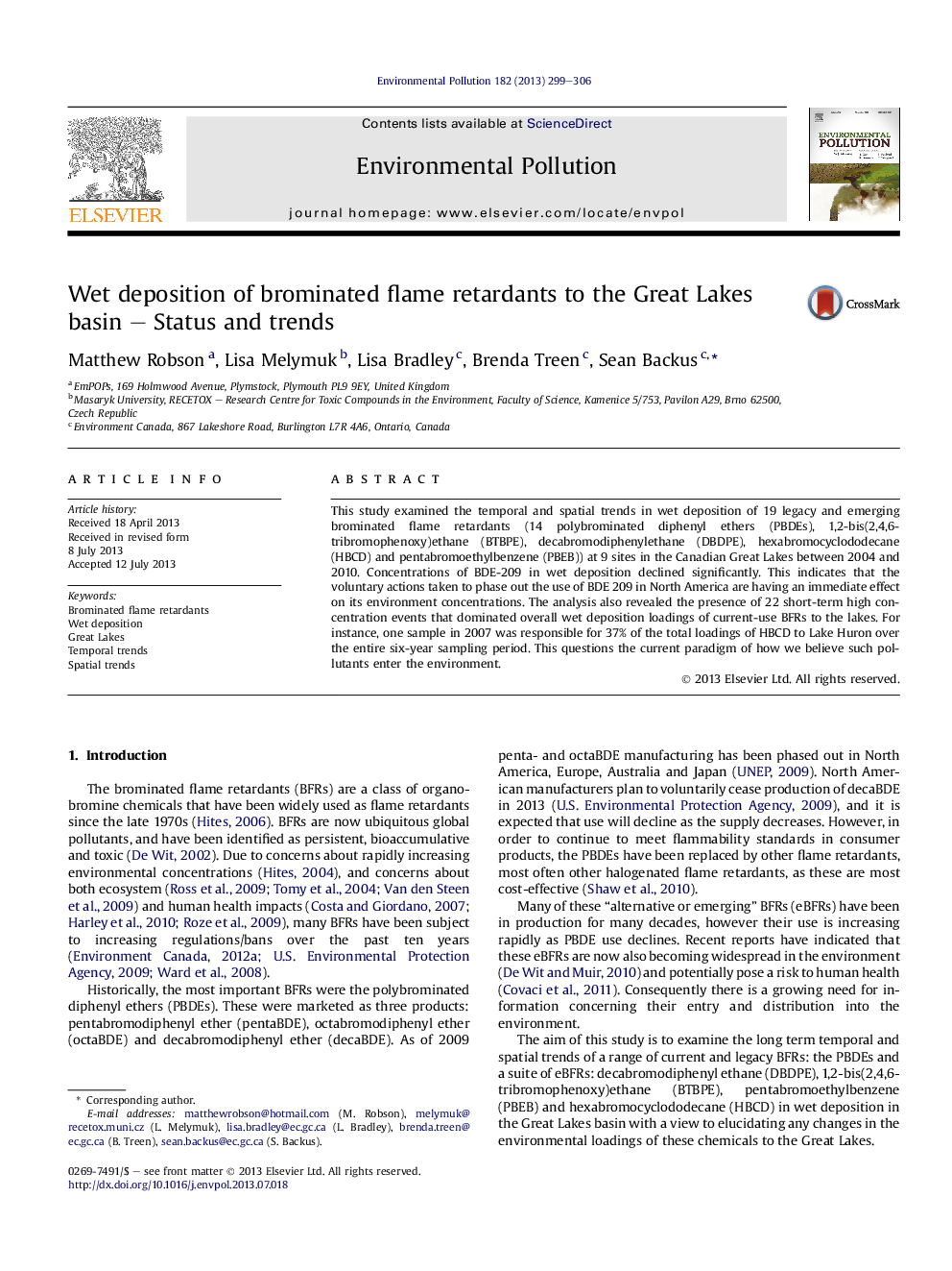 Wet deposition of brominated flame retardants to the Great Lakes basin - Status and trends