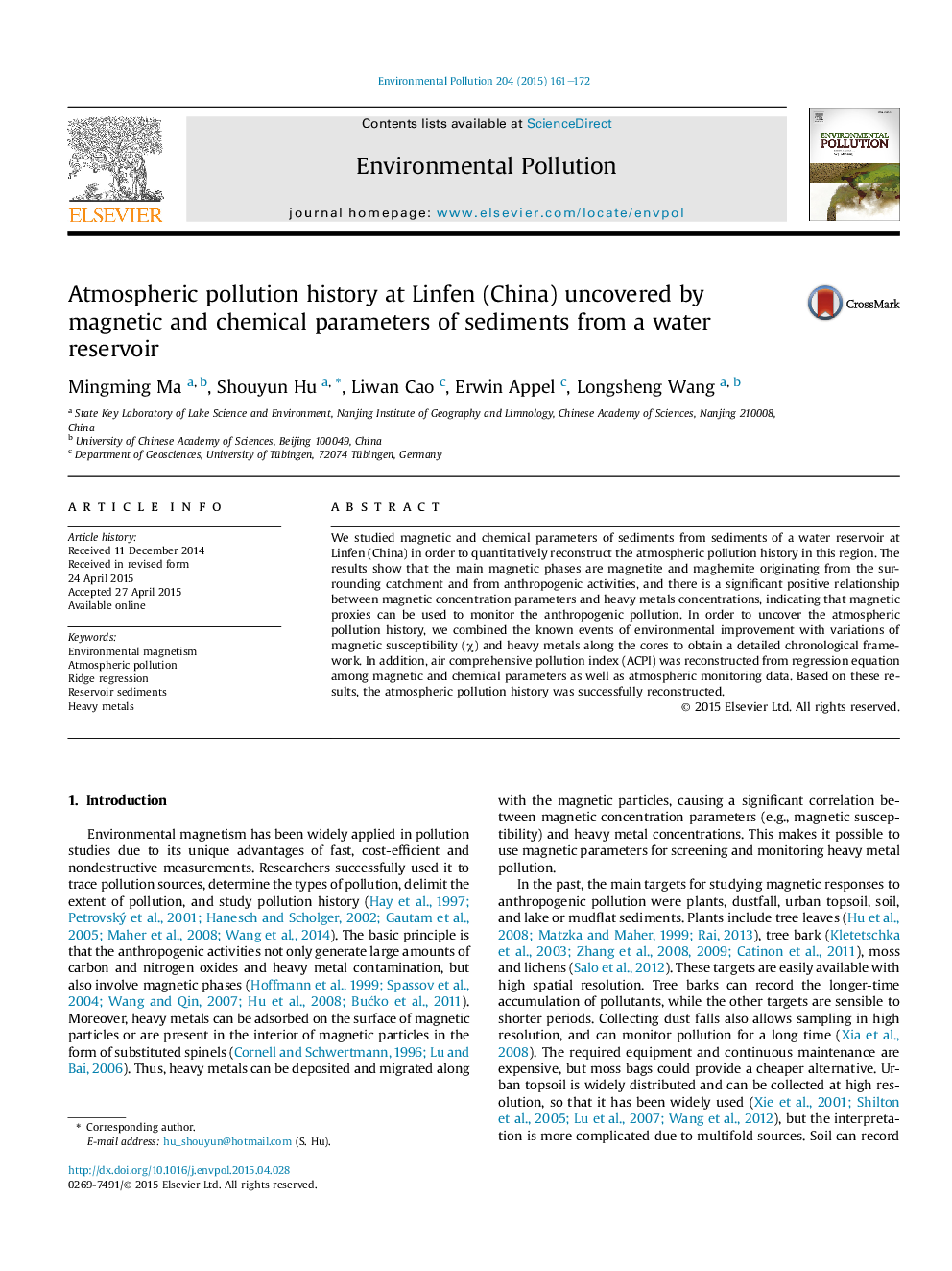 Atmospheric pollution history at Linfen (China) uncovered by magnetic and chemical parameters of sediments from a water reservoir