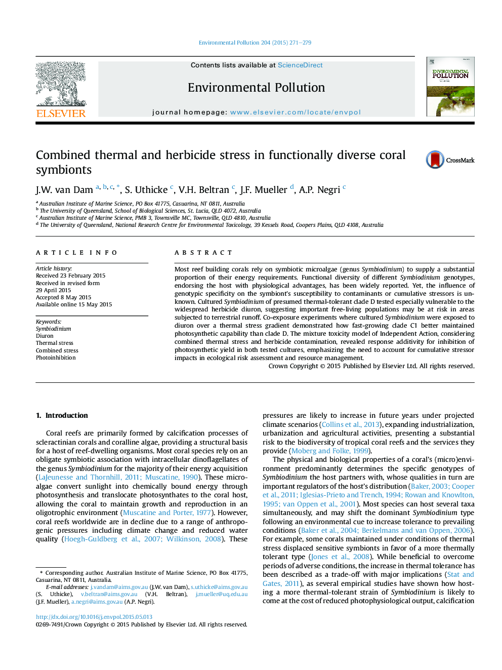 Combined thermal and herbicide stress in functionally diverse coral symbionts