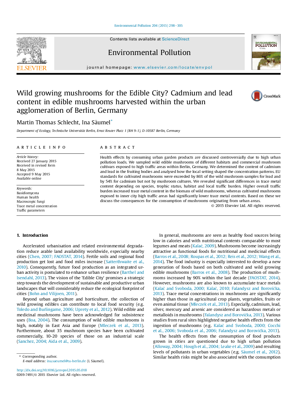 Wild growing mushrooms for the Edible City? Cadmium and lead content in edible mushrooms harvested within the urban agglomeration of Berlin, Germany