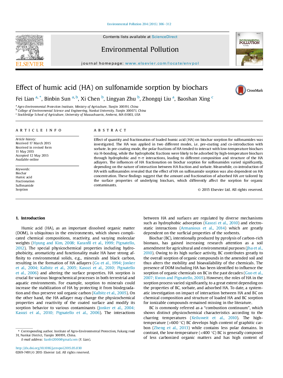 Effect of humic acid (HA) on sulfonamide sorption by biochars