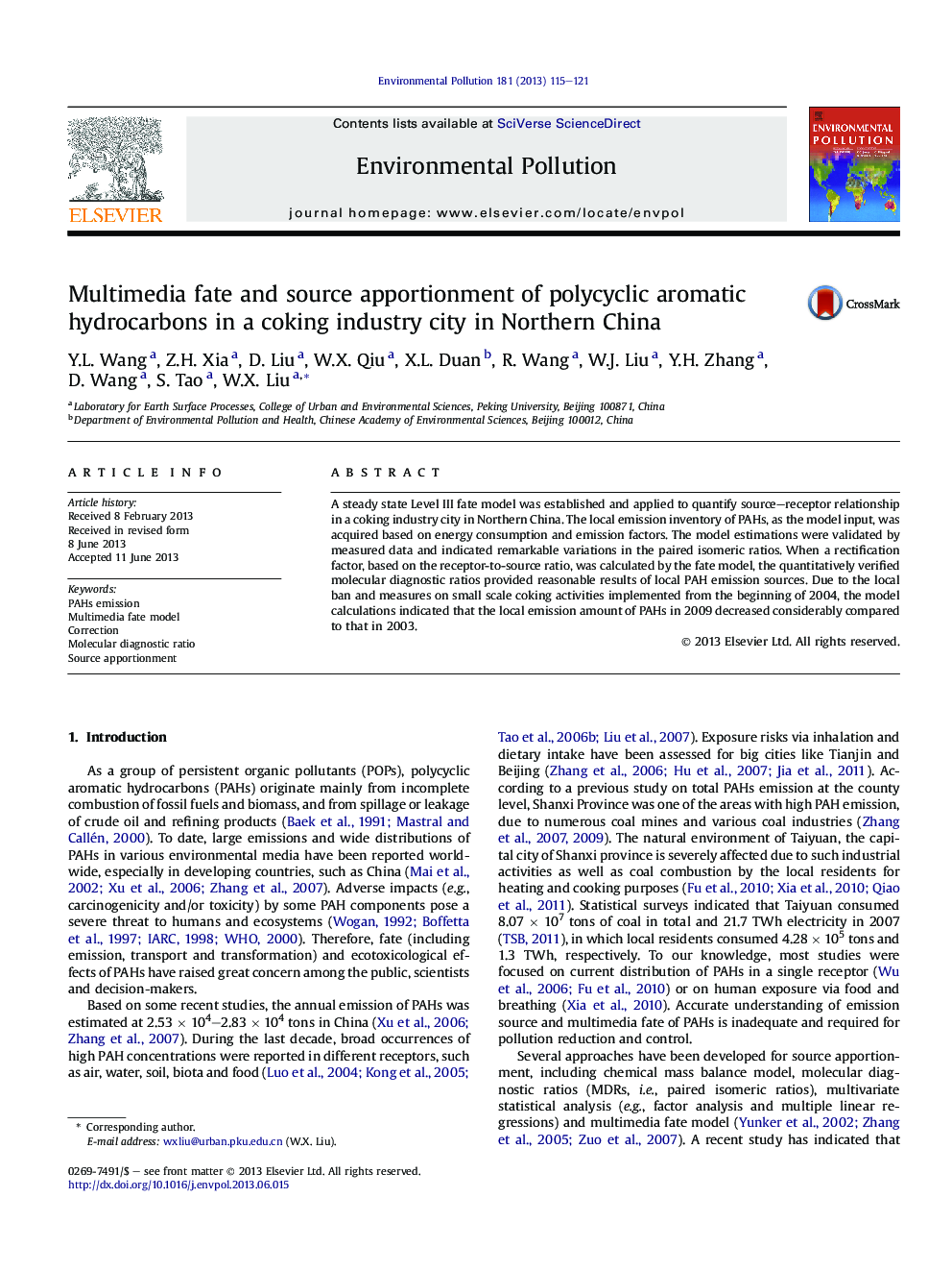 Multimedia fate and source apportionment of polycyclic aromatic hydrocarbons in a coking industry city in Northern China